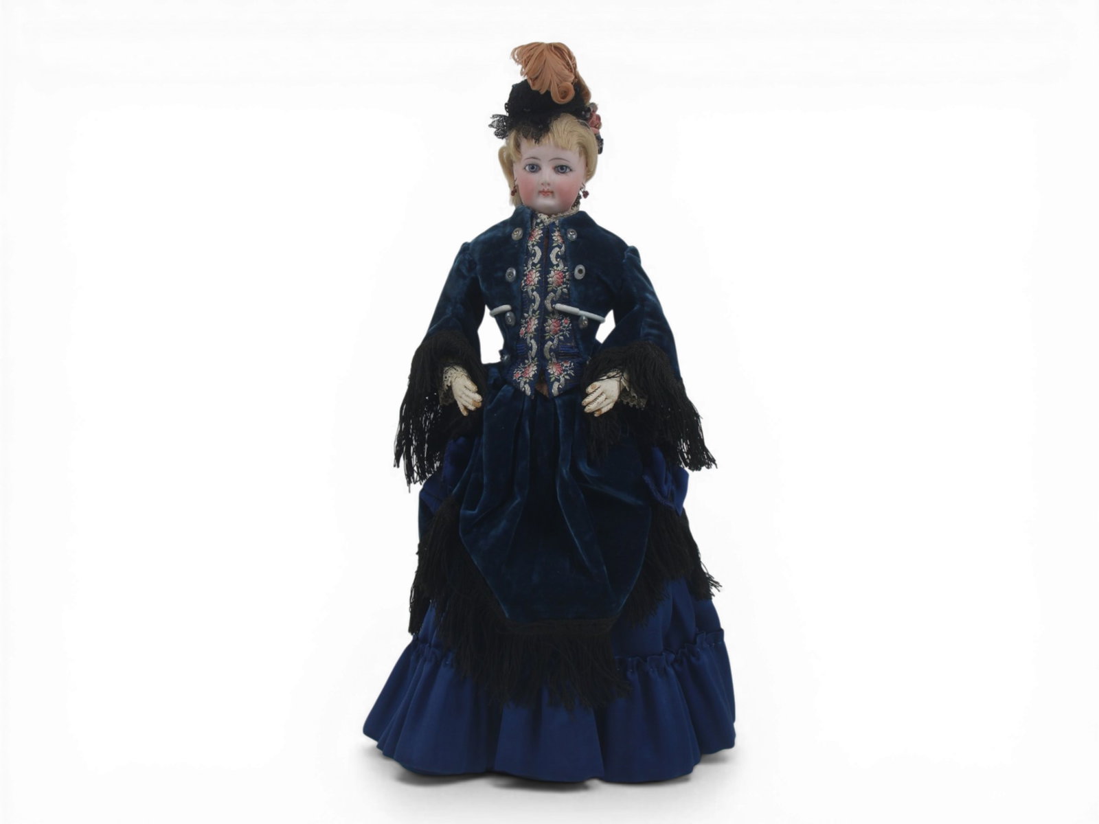 French Bisque Head Fashion Doll: 14 inch bisque socket head fashion doll with couture costume by Ada Odenrider attributed to Jumeau. Circa 1880. Shipping: Weiss Auctions offers full-service, in-house shipping for nearly all items in 