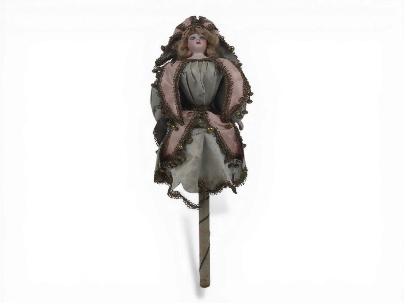 Francois Gaultier Bisque Head Marotte: 15 inch French marotte with bisque shoulder head and mechanical musical twirl stick in elaborate jester costume. Circa 1880. Shipping: Weiss Auctions offers full-service, in-house shipping for nearly 