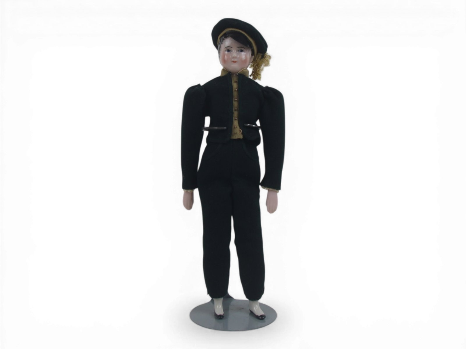 German China Head Boy Doll: 9.5 inch pink tinted china head boy doll on wooden pin body with china limbs. Circa 1845-1860. Shipping: Weiss Auctions offers full-service, in-house shipping for nearly all items in this auction. For