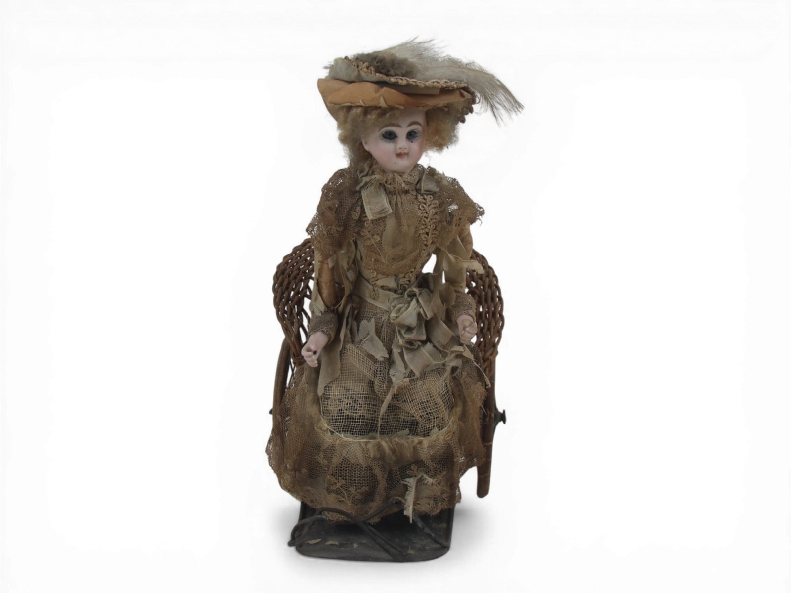 French Bisque Head Doll in Pony Cart: 9.25 inch bisque head doll with movable arms seated in original pony cart with costume. Circa 1890. Shipping: Weiss Auctions offers full-service, in-house shipping for nearly all items in this auction