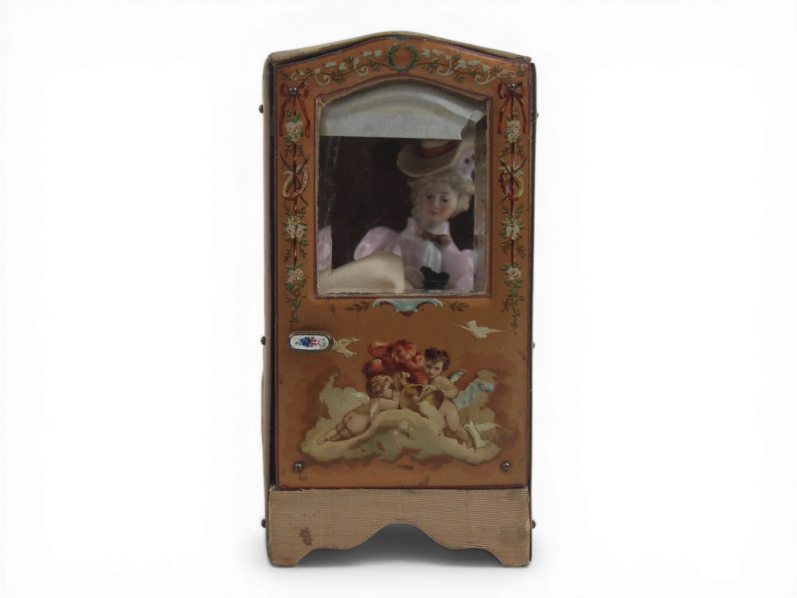 Antique French Sedan Chair w/ Half Doll: 6.5" x 4" Wooden Sedan with decorative tin embellishment. Beveled glass windows, enameled metal knob. All original, windows need TLC. Includes China half doll. Some provenance included. Circa 1890 Shi