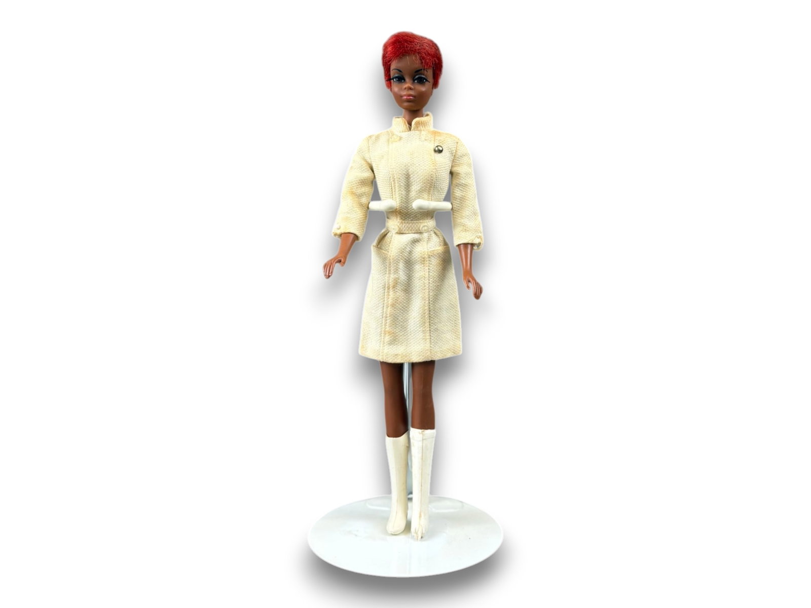 Mattel Barbie Julia Doll: 11 inch Mattel Barbie Julia doll from the Julia TV show in original costume, sans hat. Some damage to boot. Circa 1968. Shipping: Weiss Auctions offers full-service, in-house shipping for nearly all i