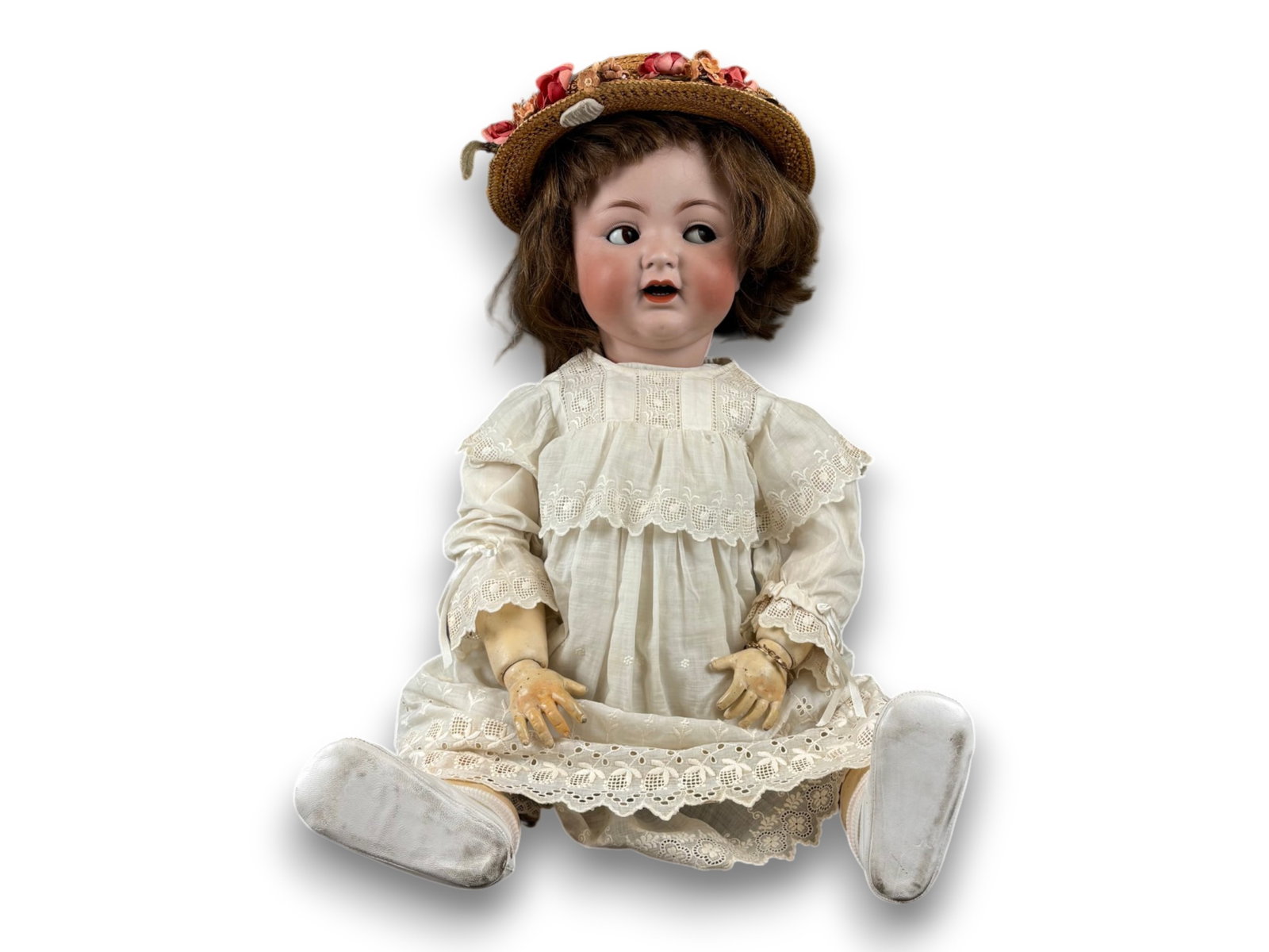 S&H 126 Flirty Doll: 32 inch Simon and Halbig #126 bisque socket head doll with flirty eyes and human hair wig on fully jointed composition toddler body. Antique dress and bracelet. Circa 1925. Shipping: Weiss Auctions