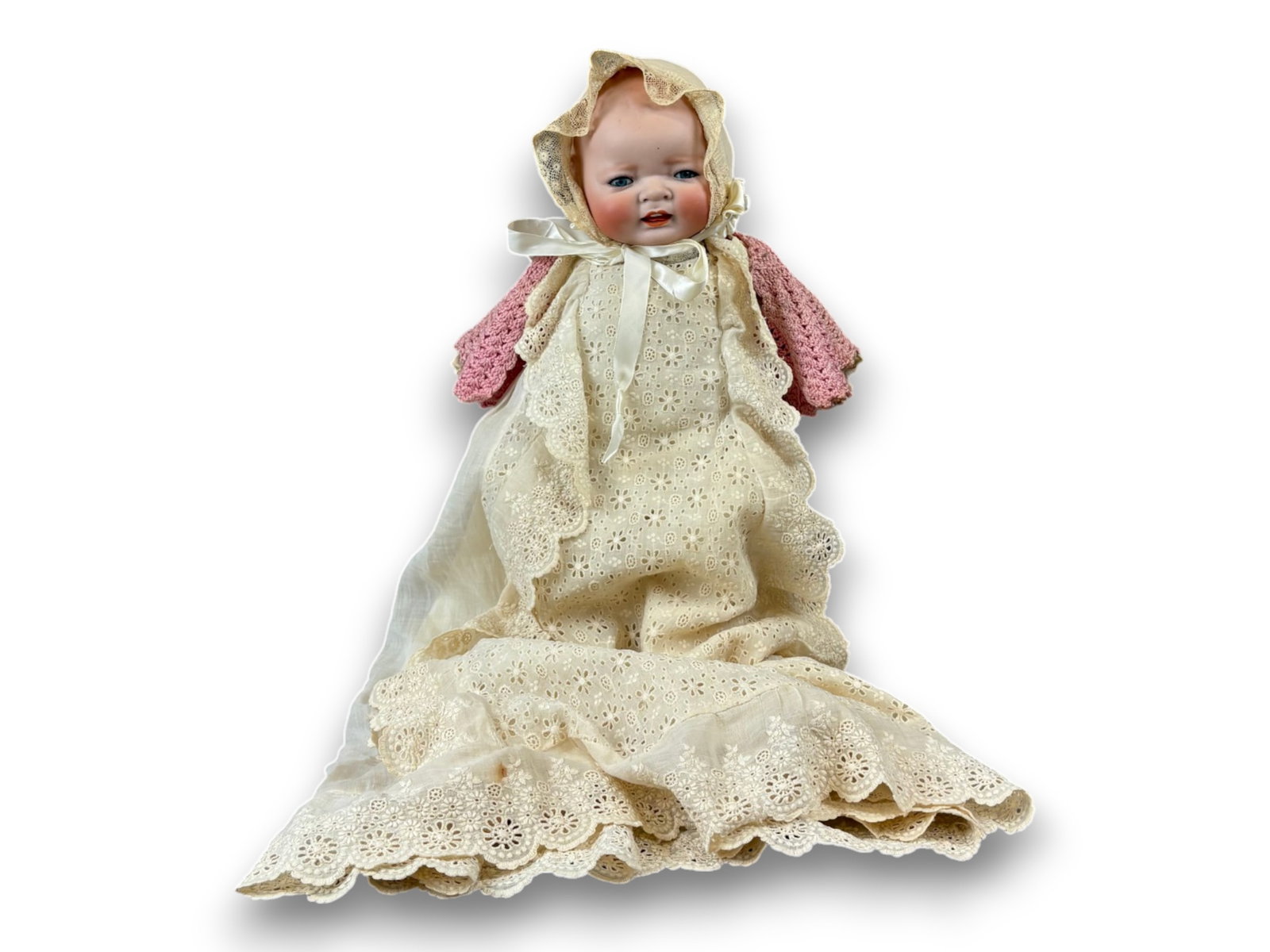 Kestner Century Baby Doll: 16 inch Kestner Century Baby doll with bisque flange head on cloth body with composition hands. Open/closed mouth. Circa 1920s. Shipping: Weiss Auctions offers full-service, in-house shipping for near