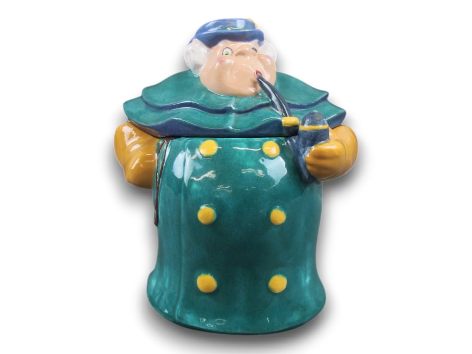 The Coachman from Pinocchio Ceramic Cookie Jar.: (Brayton Laguna Pottery, 1939) A rare painted glazed ceramic figural cookie jar of the villainous coachman from "Pinocchio." Made by Brayton Laguna Pottery in conjunction with the original release of 