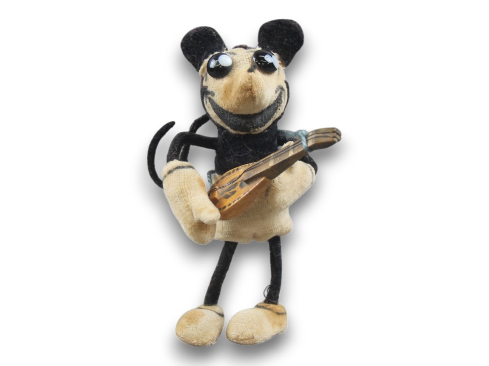 Rare 1930s German Velveteen Mickey Mouse Doll: Very rare 1930s German velveteen stuffed Mickey Mouse doll with glass eyes and wire frame. With wooden lute (or similar), unsure if original or addition. Approx. 4 1/2'' tall. Shipping: Weiss Auctions