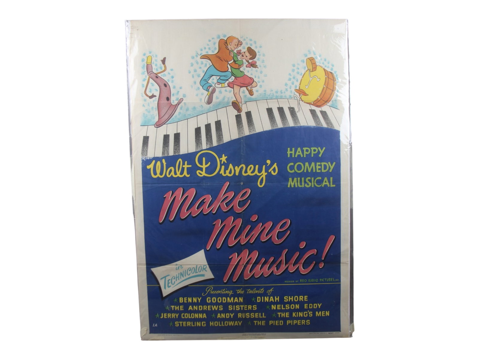 Make Mine Music, RKO 1946 One Sheet Poster: (Walt Disney Studios, 1946) Original one sheet poster from the release of "Make Mine Music". Starring Benny Goodman, Sterling Holloway, Nelson Eddy, The Andrews Sisters, and Dinah Shore. Directed by C