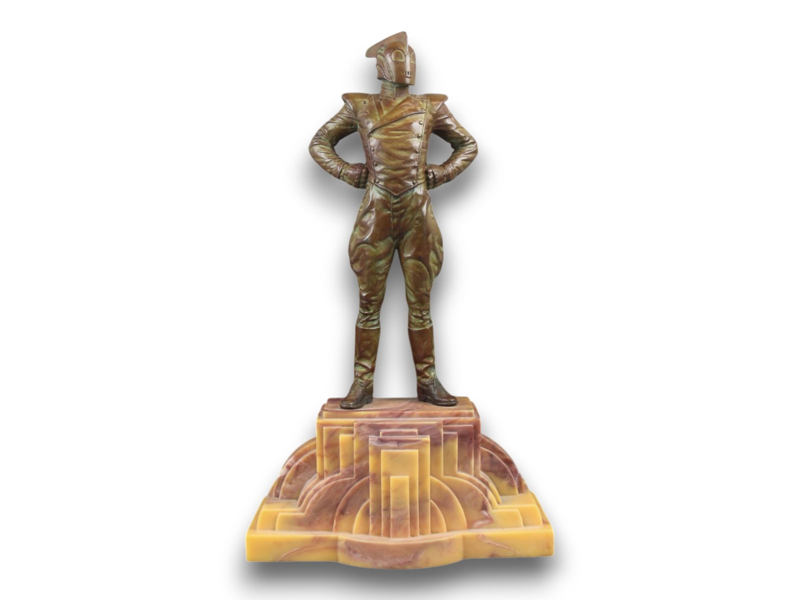 Dave Stevens / Ken Melton Rocketeer Ltd Ed Bronze: (Bulldog Studios, 1990) Rare 1990 Dave Stevens Bronze Rocketeer Statue, sculpted by Disney artist-sculptor Kent Melton, and measuring 14.5" tall. Back edge marked "Kent Melton / Bulldog Studios Produc