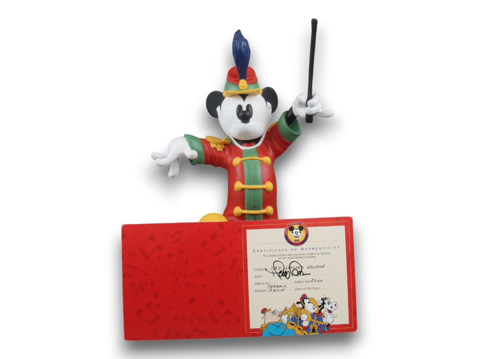 Disney, The Band Concert Mickey Mouse Resin: (Walt Disney Company, 1993) Offered is a large limited edition resin figurine of Mickey Mouse as the band leader from the 1935 short "The Band Concert". Produced in a limited edition of 1200 for the