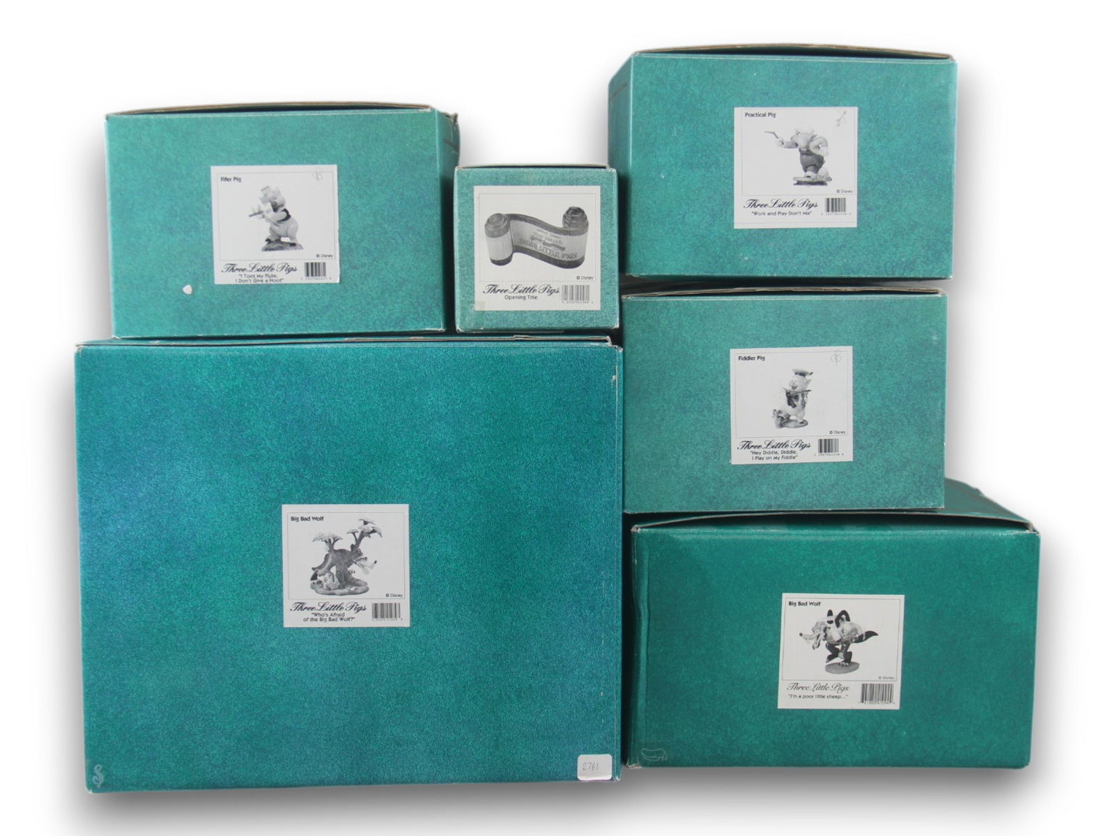 WDCC Disney Classics, Three Little Pigs (6) Pieces: Includes: Practical Pig, Fifer Pig, Fiddler Pig, Opening Title, and (2) different Big Bad Wolf. Each comes in the original box, and COA's are present for each. Boxes to each may show some edge/corner 