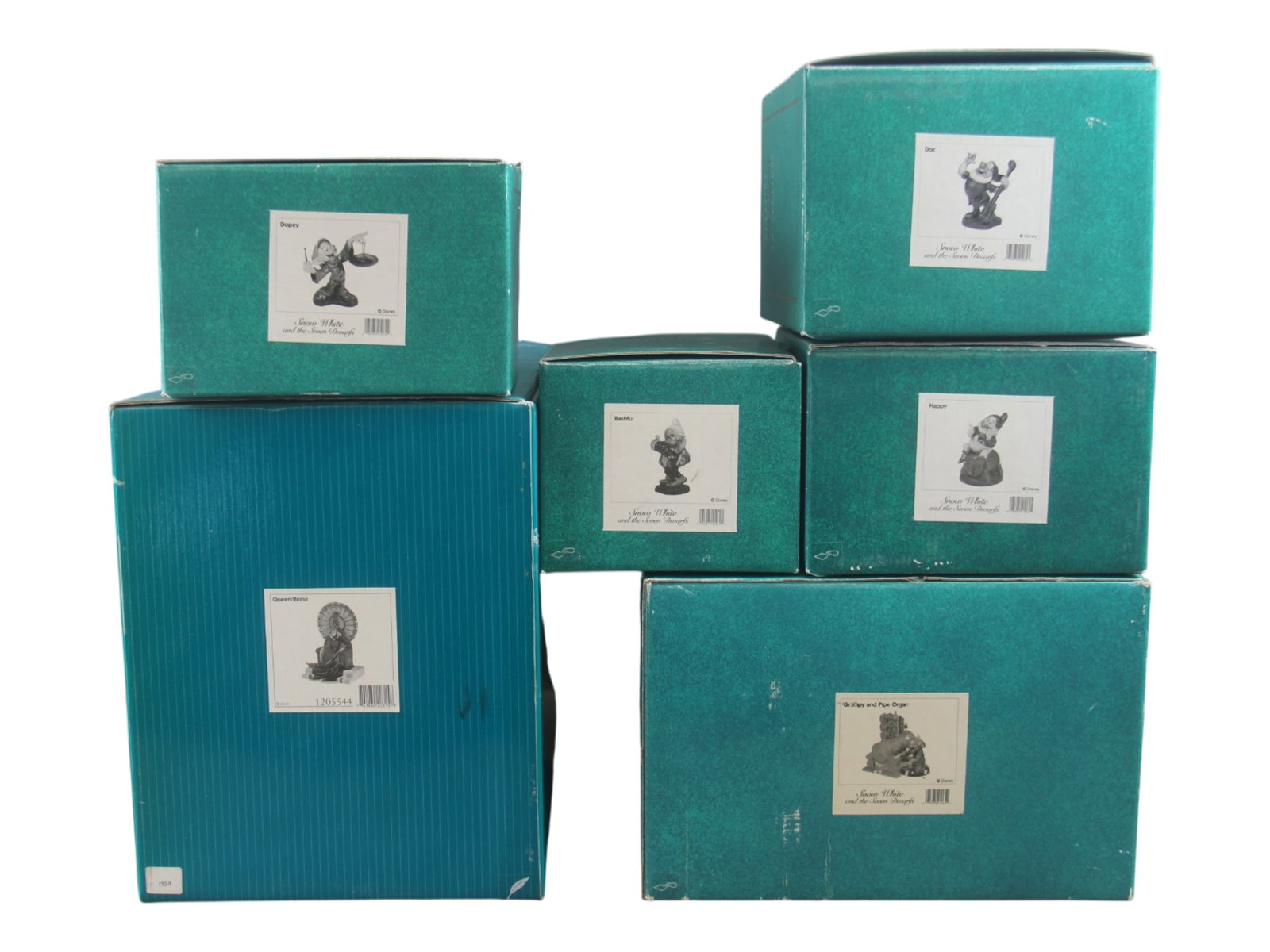 WDCC Disney Classics, Snow White & Seven Dwarfs: (6 pieces) Includes: Doc, Bashful, Dopey, Happy (No COA), Grumpy and Pipe Organ, and Enthroned Evil Queen (No COA). Each comes in the original box. Boxes to each may show some edge/corner wear, crease