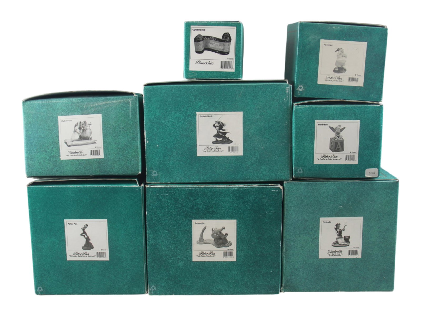 WDCC Disney Classics, Peter Pan & Cinderella: (8 pieces) Includes Peter Pan (no COA), Crocodile, Captain Hook, Mr. Snee, Tinker Bell (no COA,) Opening Title, Cinderella (damaged bubble in hand), and Chalk Mouse. Each comes in the original box. Bo
