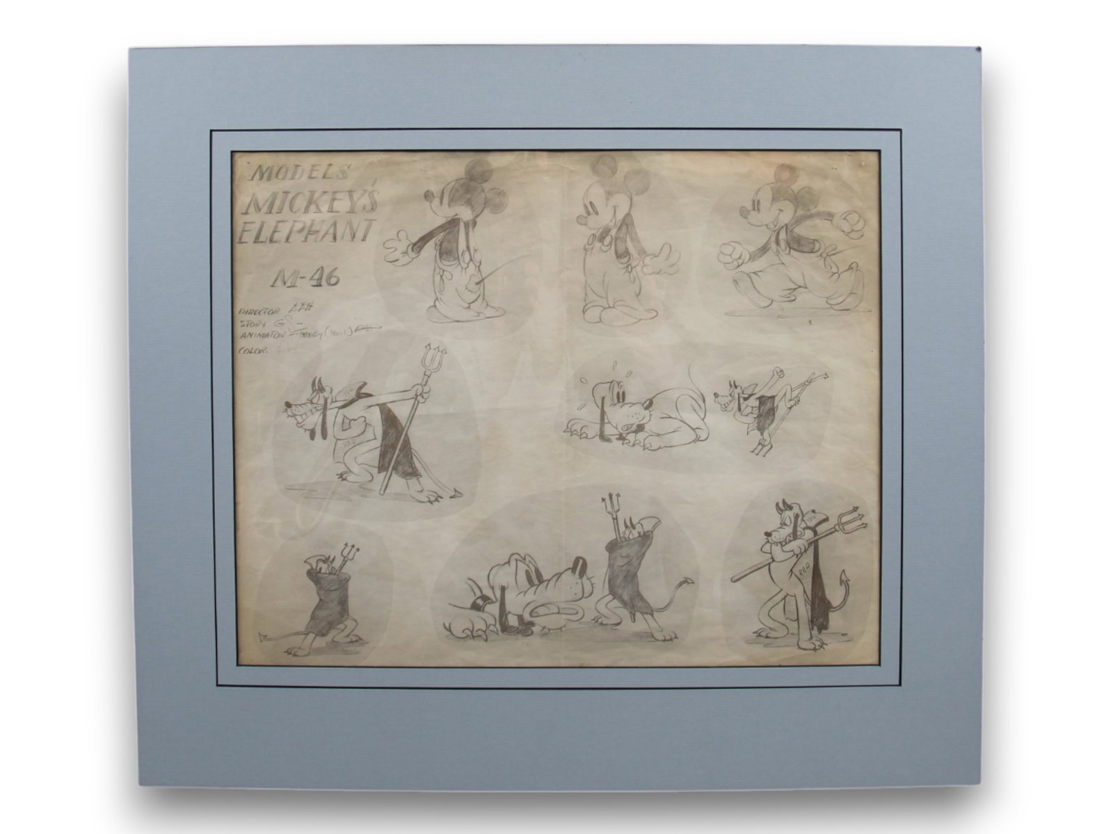 Mickey Mouse & Pluto Animator's Model Sheet: Early studio animator's model sheet for Pluto shorts. Sheet was printed on photographic paper and distributed for animator's use. Model sheet titled "Mickey's Elephant", circa 1936. Approx. 15.5" x 12