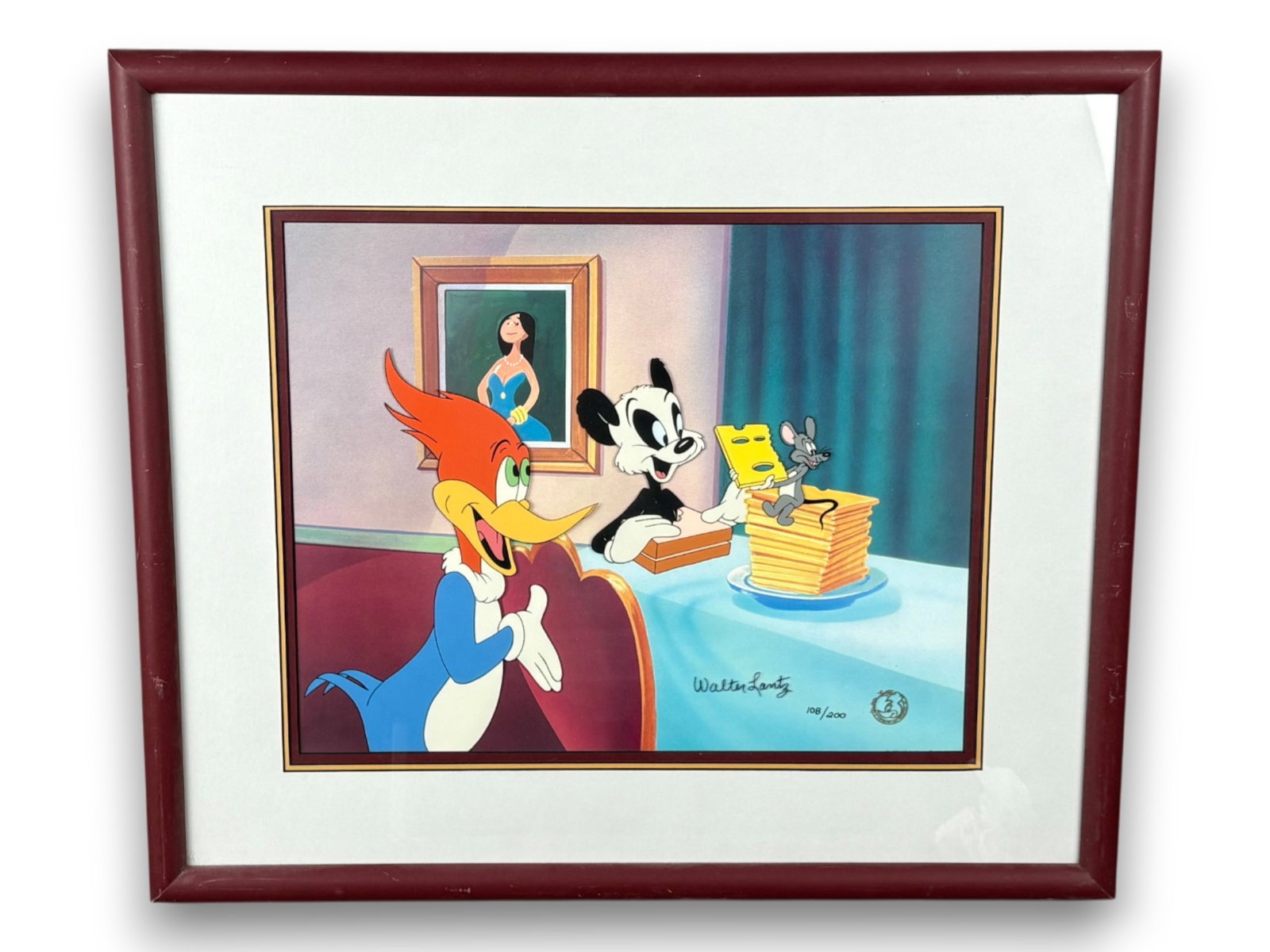 Walter Lantz, Signed Ltd Ed Cel "Banquet Busters": (Walter Lantz Productions, 1991) Hand painted limited edition cel featuring Woody Woodpecker and Andy Panda in a recreation scene from the 1948 film "Banquet Busters". Hand signed by Walter Lantz,
