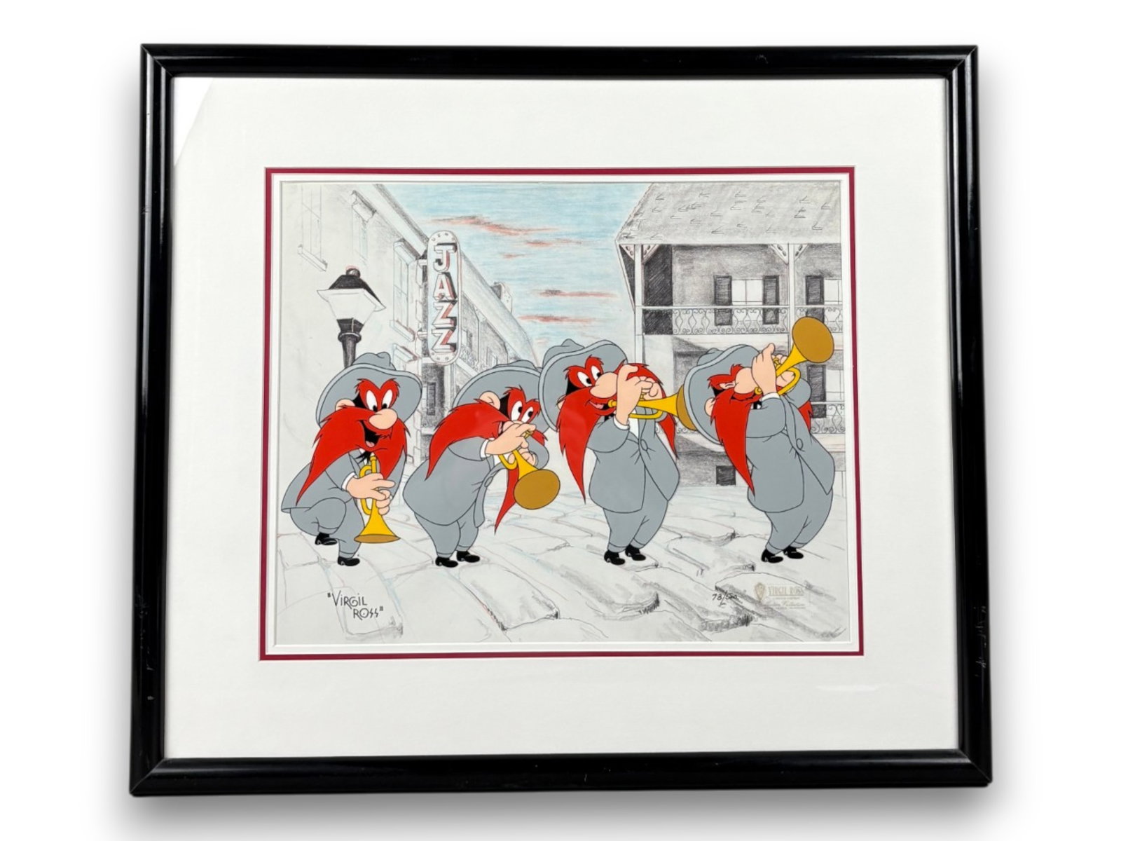 Virgil Ross, Signed Ltd Ed Cel "The Jazz Player": (Warner Brothers, 1992) Hand painted limited edition cel featuring Yosemite Sam as a Jazz Player. Hand signed by Virgil Ross, and numbered 73/500. Color lithographed background. Sight seen approx.