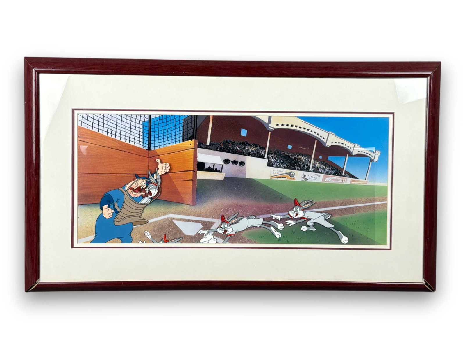 Virgil Ross, Signed Ltd Ed Cel "Yer Out": (Warner Brothers, 1994) Hand painted limited edition cel inspired by the 1946 Bugs Bunny short "Baseball Bugs". This cel was part of the "Masters Collections", and is hand signed by Virgil Ross, and n