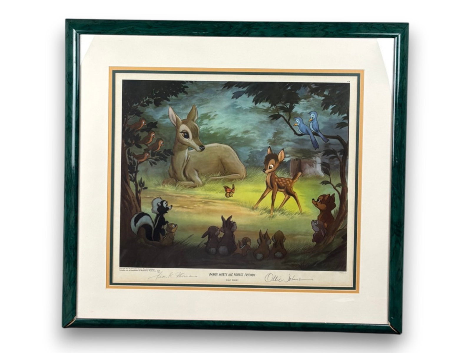 Bambi Priint Signed Frank Thomas & Ollie Johnston: (New York Graphic Society/Disney, circa 1949) Lithographic print titled "Bambi Meets His Forest Friends", signed in pencil by animator's Frank Thomas and Ollie Johnston. Sight seen approx. 19" x