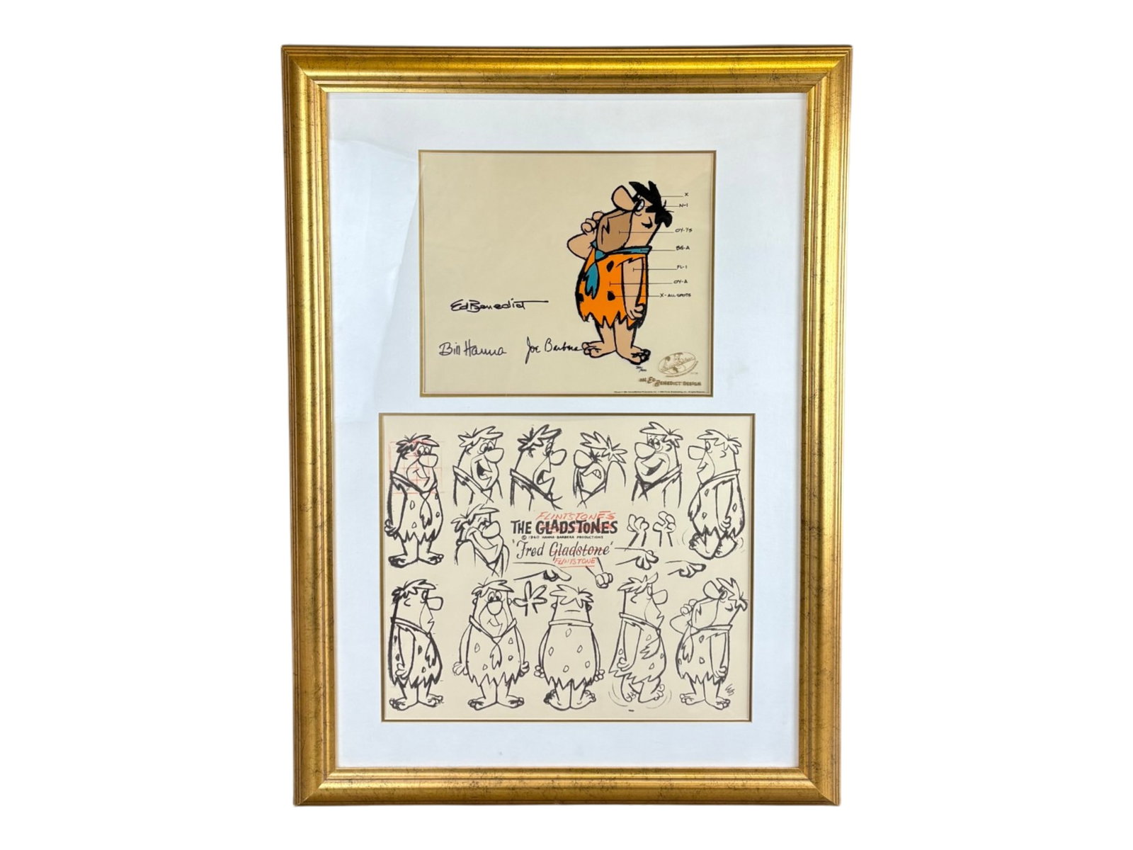 Fred Flintstone Ltd Ed Cel and Model Sheet: (Hanna Barbera, 1994). Hand painted limited edition cel of Fred Flintstone, signed by Ed Benedict, Joe Barbera, and Bill Hanna. Numbered 340/400. Frame along with a lithographic model sheet. Overall f