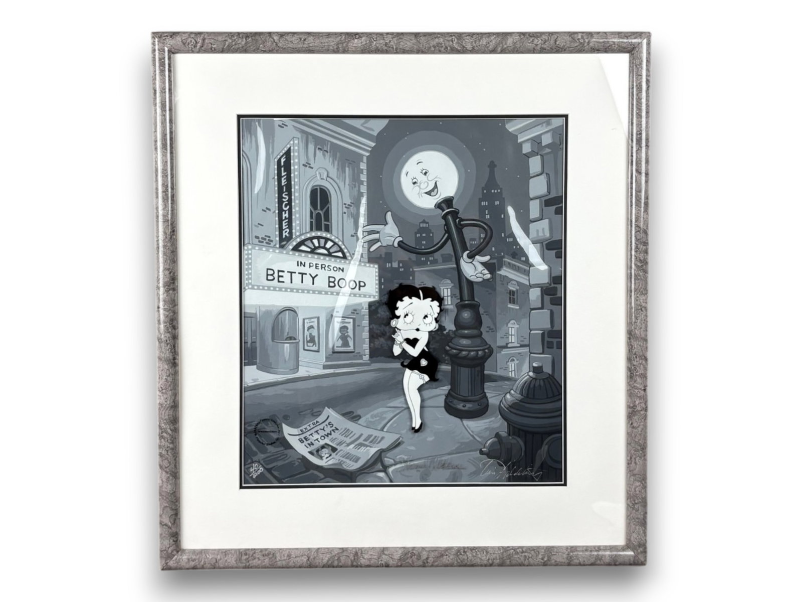Betty Boop "Now Showing" Limited Ed Cel: (King Features Syndicate/Fleischer Studios, 1991/92) Hand painted limited edition cel of Betty Boop, titled "No Showing". Hand signed by Shamus Culhane and Tim Hildebrandt. Numbered 40/200. Image