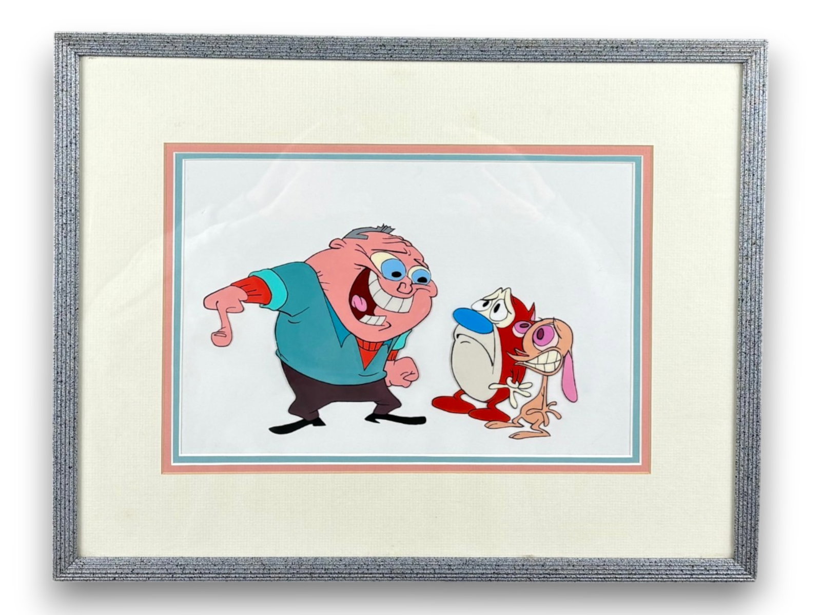 Ren and Stimpy Animation Cel: Offered is an animation cel featuring Ren, Stimpy, and George Liquor. Sight seen approx. 11" x 7-1/5", overall frame size approx. 18" x 14". Shipping: Weiss Auctions offers full-service, in-house ship