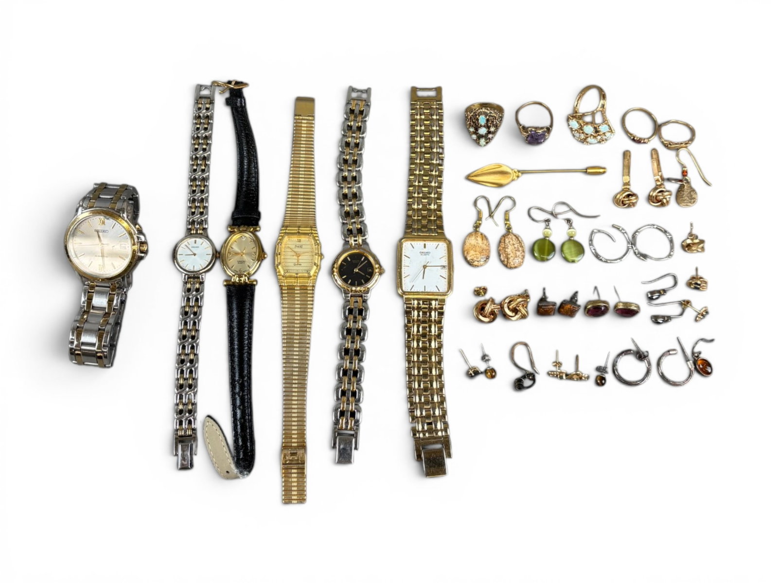 Estate 14K Gold Jewelry Group: Estate jewelry lot including watches, costume jewelry, and assorted 14 karat yellow gold jewelry weighing 25 grams. Offered on behalf of the New York County Public Administrator's Office from the