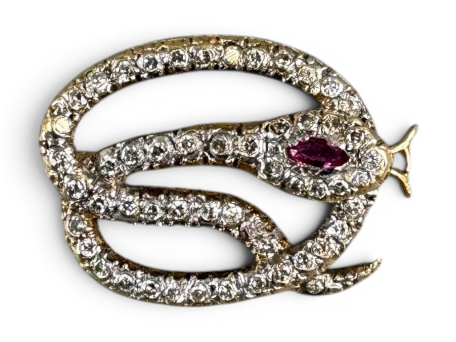 14K Gold Diamond Ruby Snake Pin: 14 karat yellow gold snake pin set with diamonds and rubies, total weight 5.6 grams. Offered on behalf of the New York County Public Administrator's Office from the estate of Teresa Schwindt, Estate N