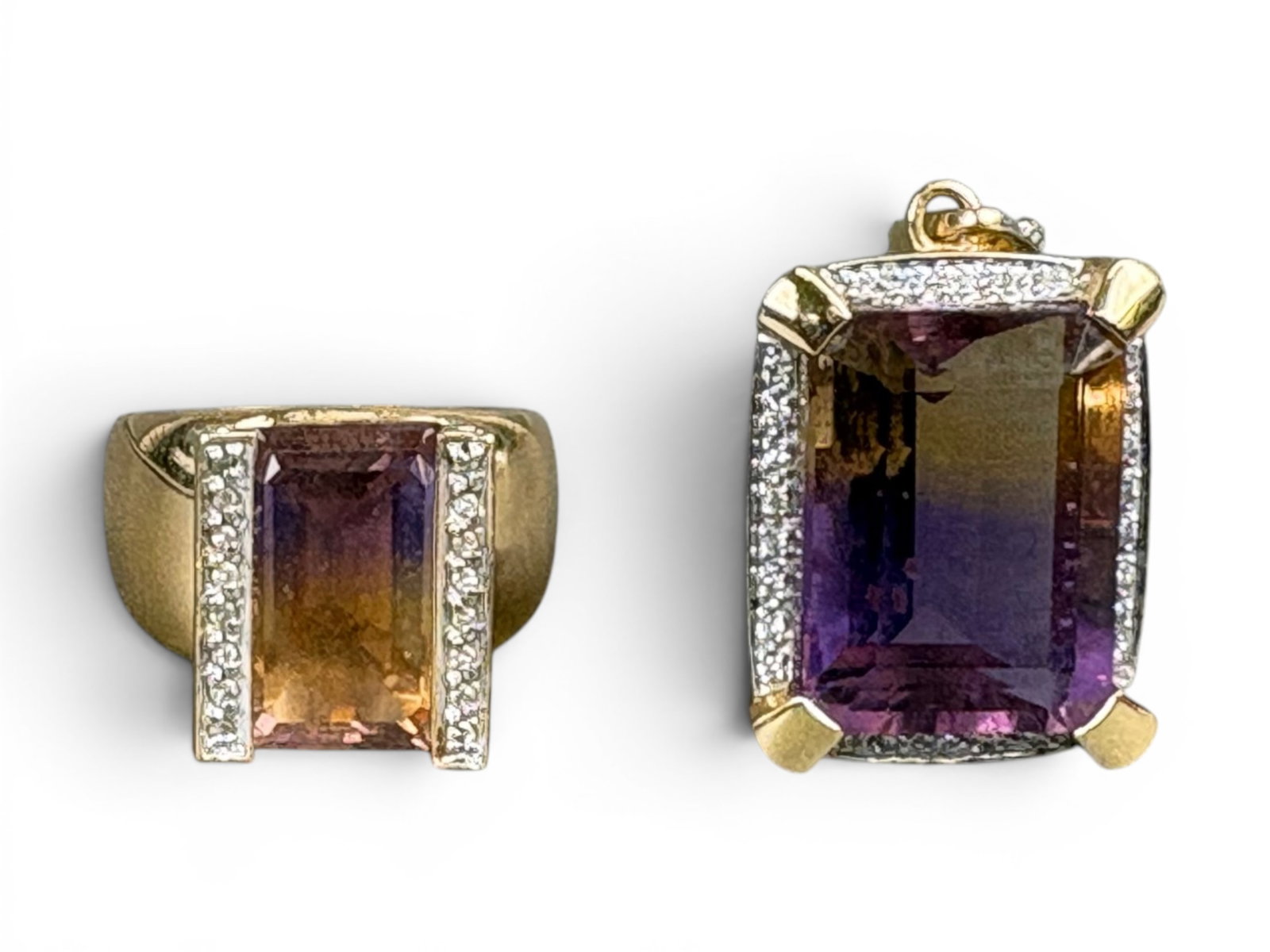 14K Gold Ametrine Ring & Pendant: Matching 14K yellow gold ring and pendant set including a ring with rectangular step-cut ametrine measuring approximately 14 x 8.5 millimeters, accented by round brilliant-cut diamonds having an appro