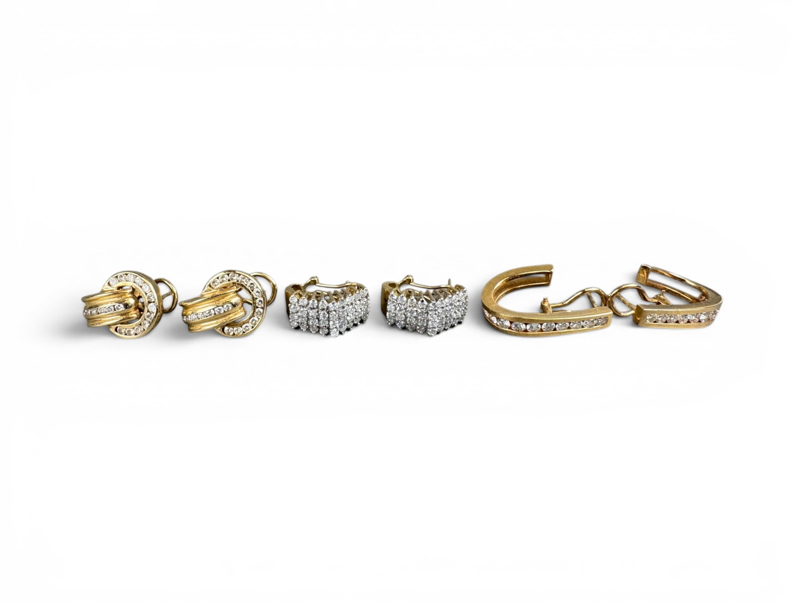 Estate Gold Diamond Earrings Group: Estate group including (i) a pair of 14K yellow gold diamond cluster knot earrings set with round brilliant-cut diamonds having an approximate total weight of 0.25 carat, total weight approximately 7 