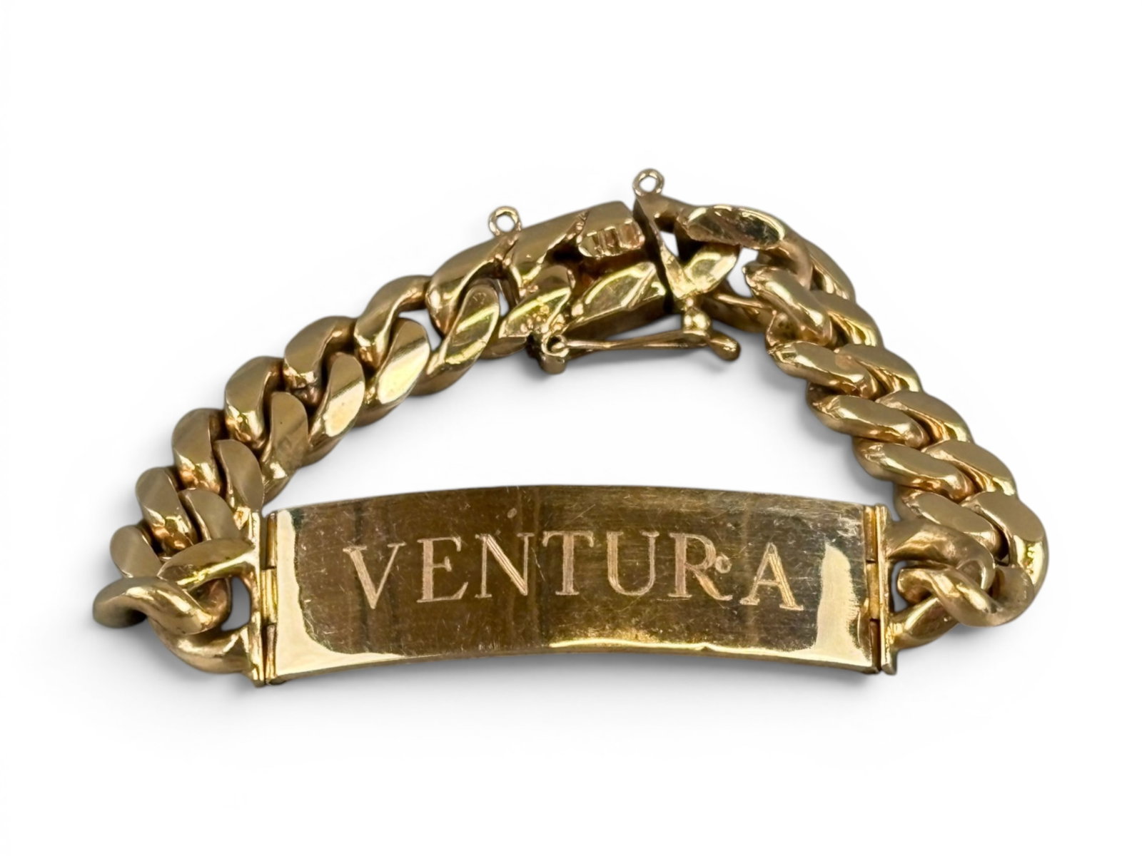 14K Yellow Gold Name Bracelet: Heavy 14 karat yellow gold name bracelet weighing 92.4 grams. Offered on behalf of the New York County Public Administrator's Office from the estate of Ventura Perez, Estate No. 210088. Shipping: Weis