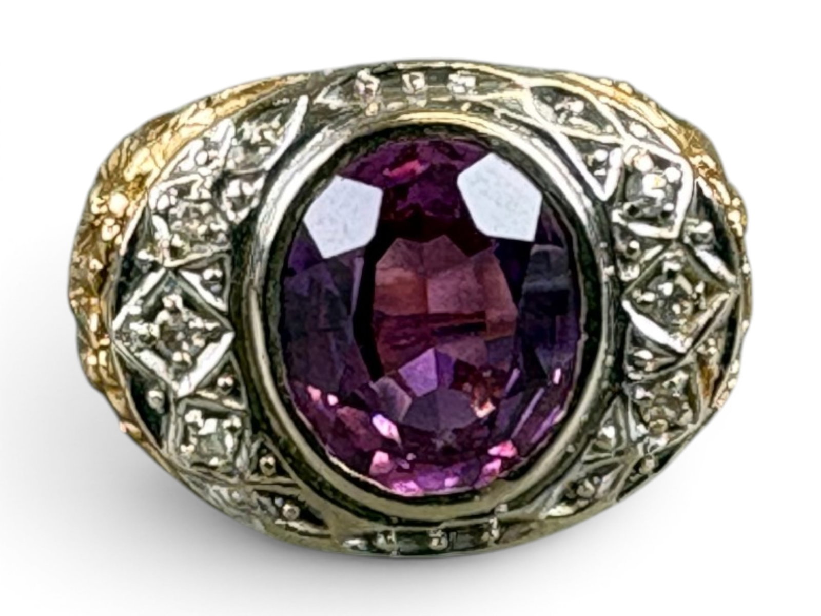 18K Gold Sapphire & Diamond Ring: 18 karat yellow gold natural pink sapphire and diamond ring weighing 14.7 grams. Offered on behalf of the New York County Public Administrator's Office from the estate of Ventura Perez, Estate No. 210