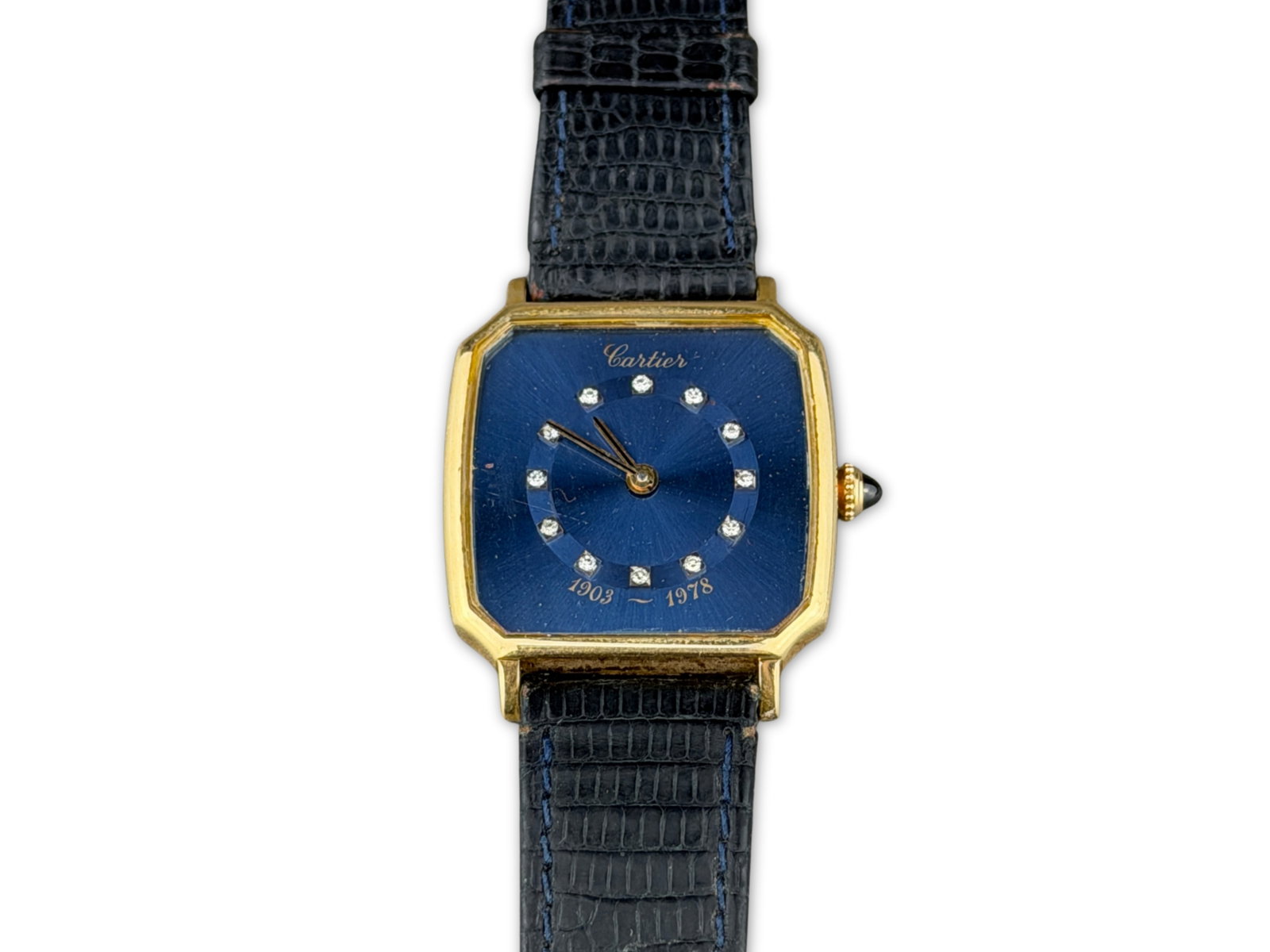 Cartier 18K Ford 75th Anniversary Watch: 18K gold and diamond mechanical wristwatch by Cartier, commemorating Ford Motor Company 75th Anniversary. Engraved to Francis Myers, dated 1978, signed Henry Ford II. Likely needs servicing. Shipping: