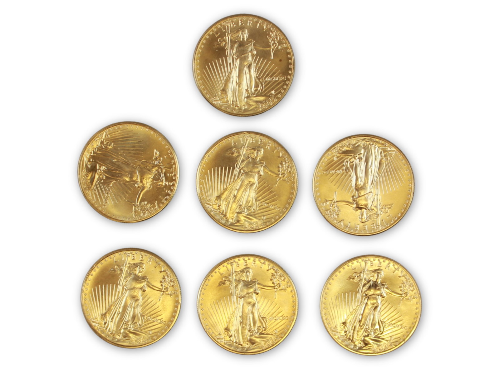 (7) $50 American Gold Eagles 1 ozt: Group of 7 $50 American Gold Eagle coins, each 1 ozt, dated 1990. This lot is being offered on behalf of the Kings County Public Administrators Office from the Estate of Stephen Kitynsky (PA#145672) S
