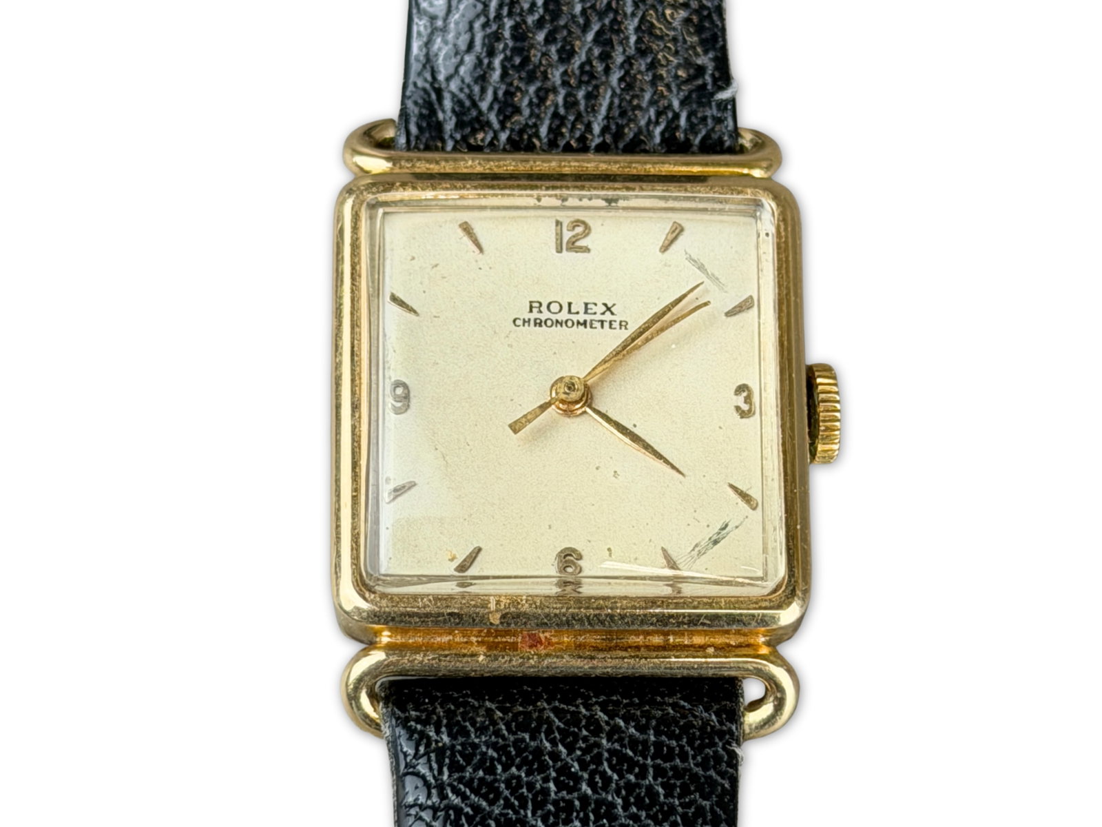 Rolex 14k Gold Tank Wristwatch: Rolex gentleman's 14k gold wristwatch, circa 1940s. Tank shaped with fancy lugs and sweep second hand. 35mm x 25mm. Very good running condition, as found. Shipping: Weiss Auctions offers full-service,