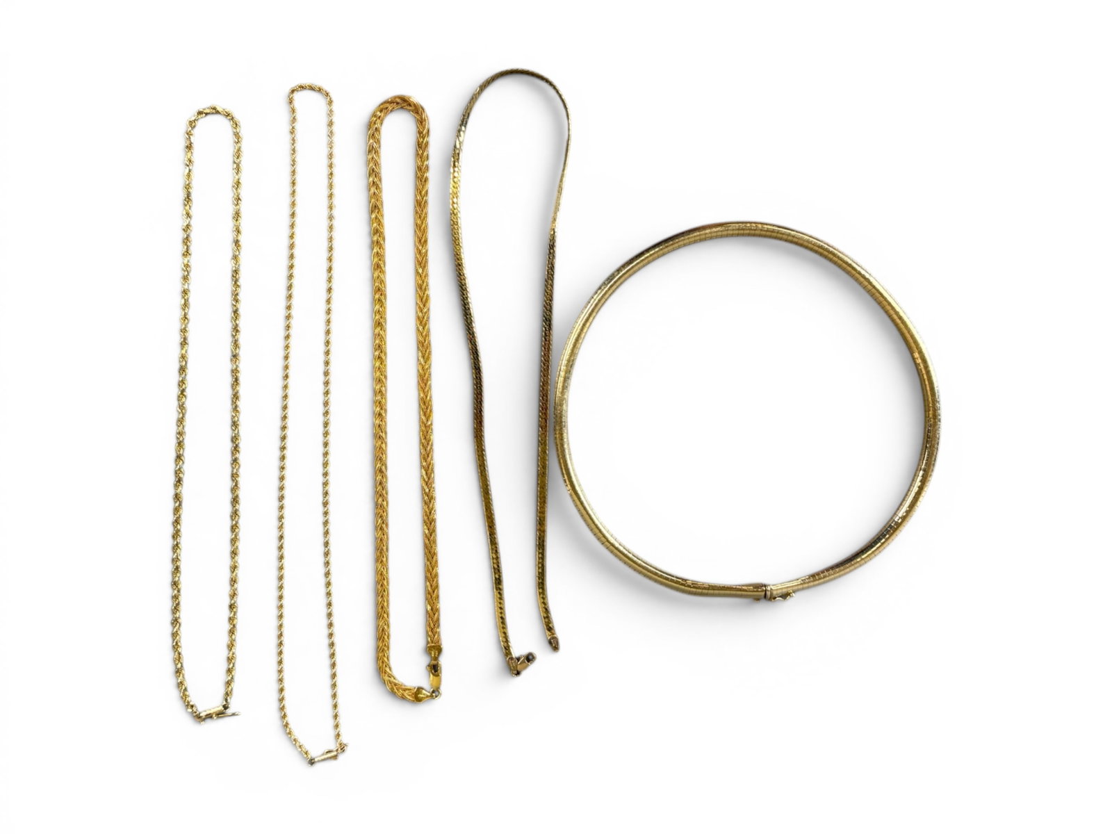 (5) 14K Gold Necklaces: Group of five 14K yellow gold necklaces. Total weight approximately 71.8 grams. This lot is being offered on behalf of the Bronx County Public Administrators Office from the Estate of Geraldine Oregan