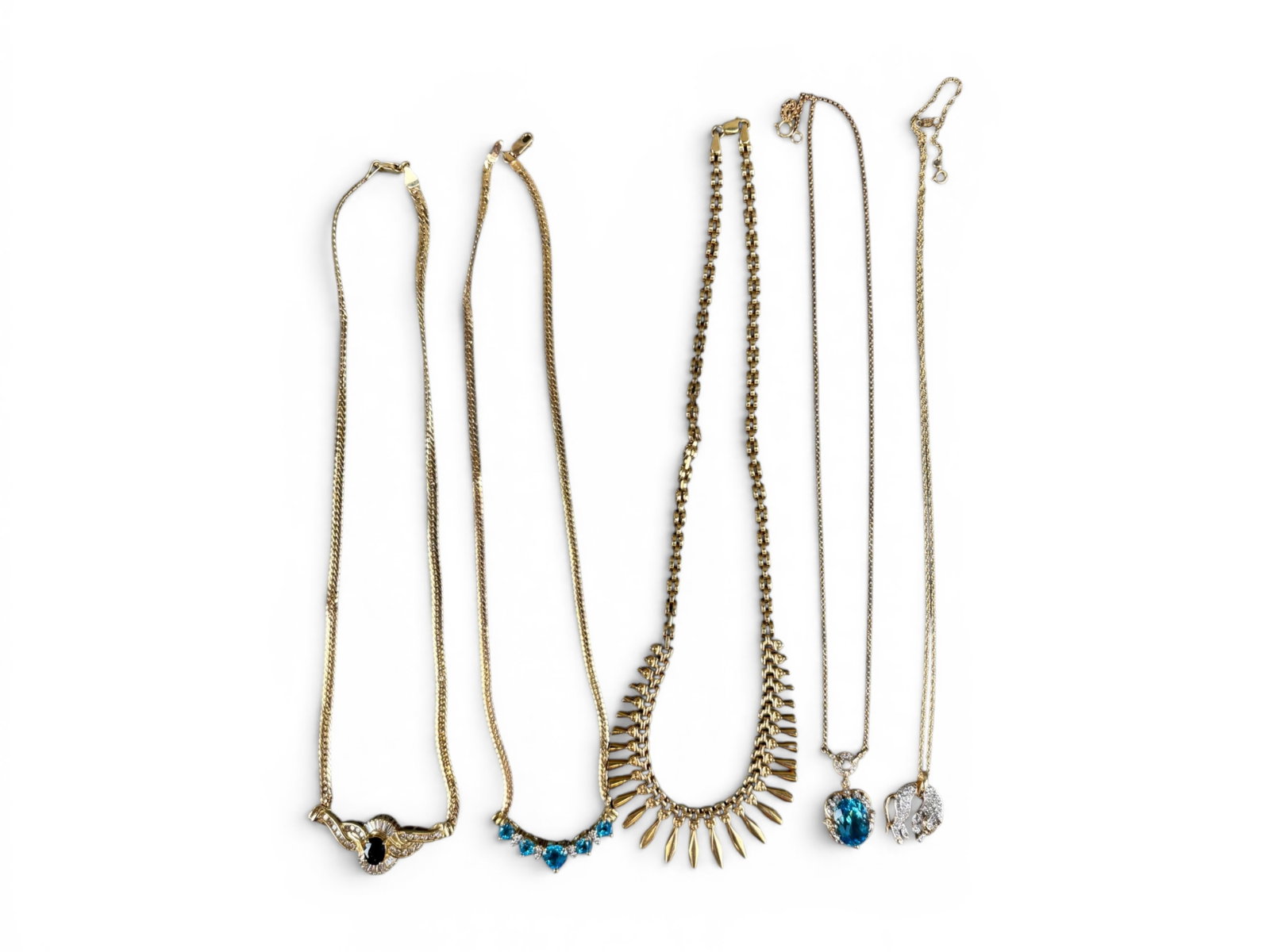 14K & 10K Gold Necklace Group: Group of 14K and 10K gold necklaces including a 14K gold necklace set with a blue sapphire weighing approximately 1.50 carats and round brilliant-cut and baguette-cut diamonds having an approximate to