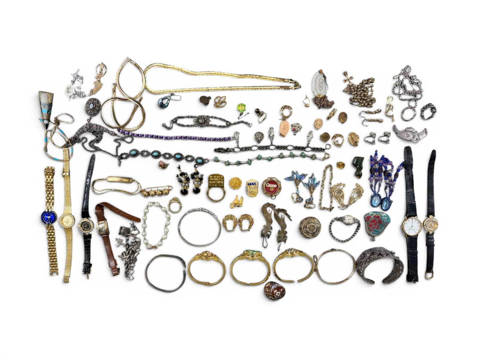 Balance Estate Jewelry incl. Gold & Tiffany Watch: Balance of estate jewelry including gold and silver, with a Tiffany & Co. 14K gold watch, assorted watches, a silver necklace set with garnets, 22 earrings including examples in 18K, 14K, 10K gold