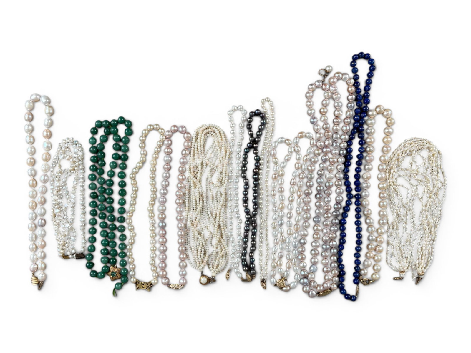 Estate Jewelry Lot: Lot is loaded with Pearl Jewelry includes single strand 8.0-8.4mm cultured pearl necklace with 18K yellow gold diamond clasp, Green Aventurine quartz bead necklace (broken) with 14K clasp, White