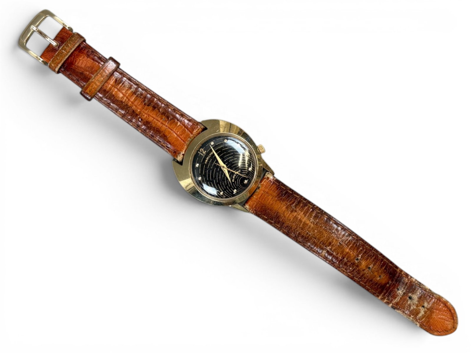 Vintage 14K Hamilton Spectra Watch: Vintage 14K gold Hamilton Spectra Electric wristwatch with black dial and replaced band. Not currently running. Total weight approximately 41.18 grams. Shipping: Weiss Auctions offers full-service, in