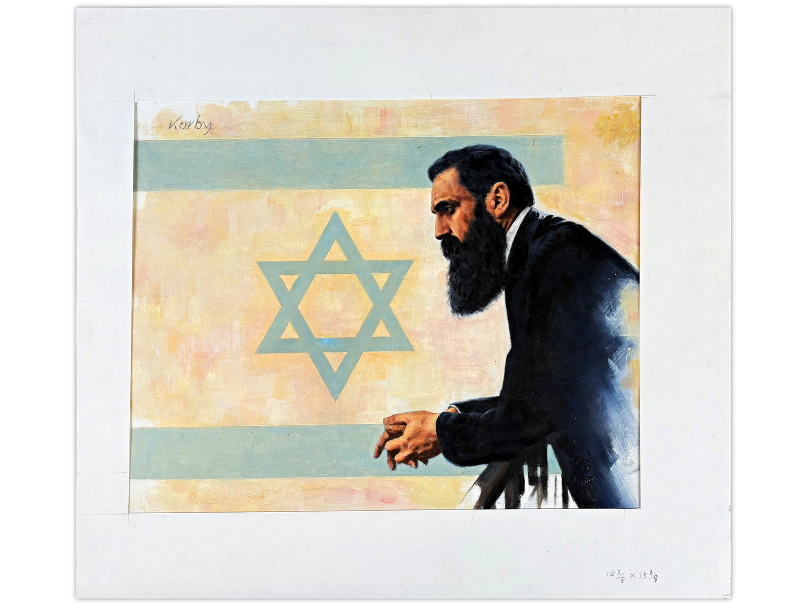 Sol Korby Theodor Herzl Oil: Oil on gesso board by Sol Korby depicting Theodor Herzl. Measures approximately 10 3/8 x 12 3/4 inches. Created as part of a series of 12 illustrations by Korby for Bank Leumi's 5748 (1987/1988)