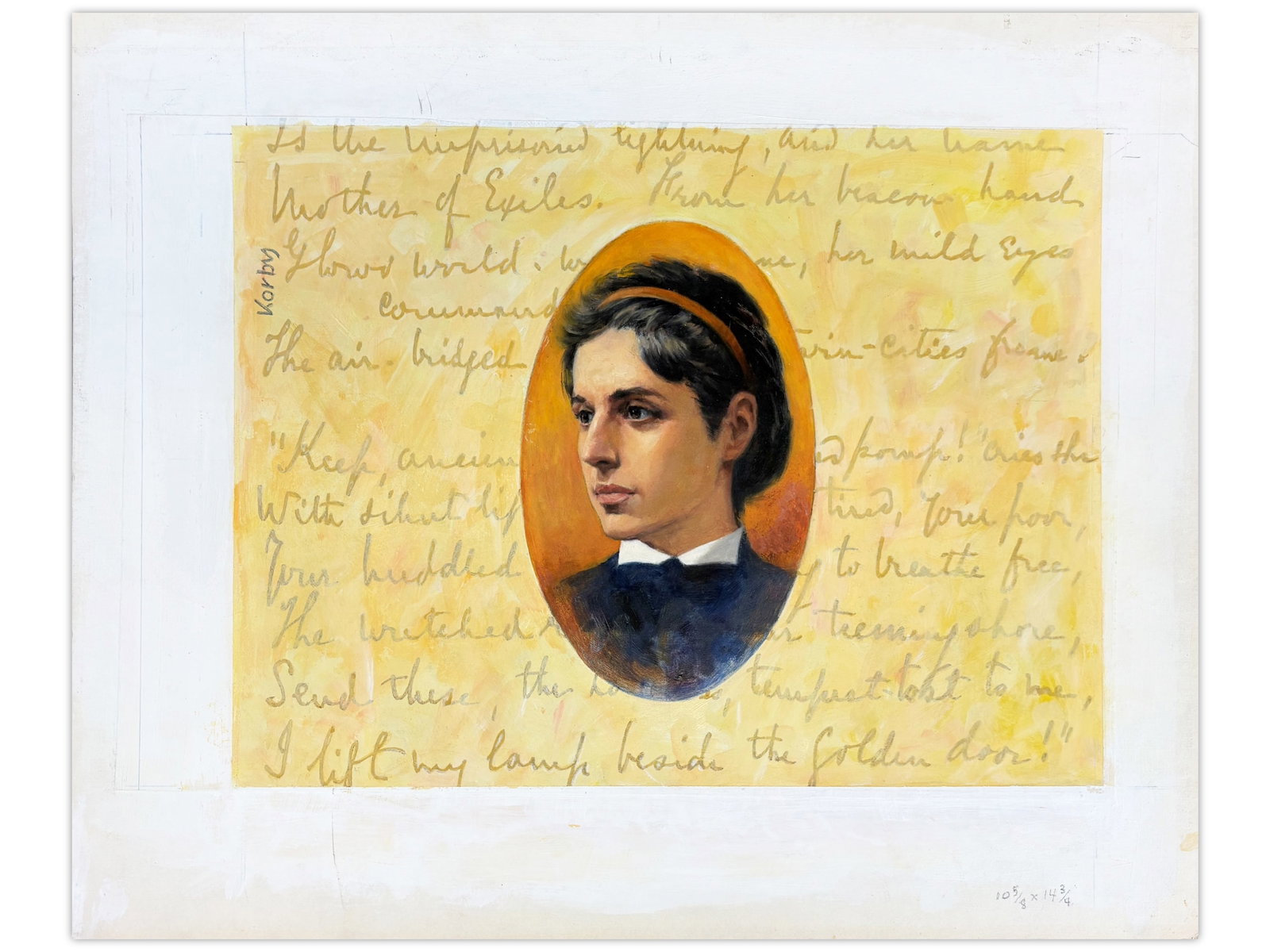 Sol Korby Emma Lazarus Oil: Oil on gesso board by Sol Korby depicting Emma Lazarus. Measures approximately 10 3/4 x 14 3/8 inches. Created as part of a series of 12 illustrations by Korby for Bank Leumi's 5748 (1987/1988)