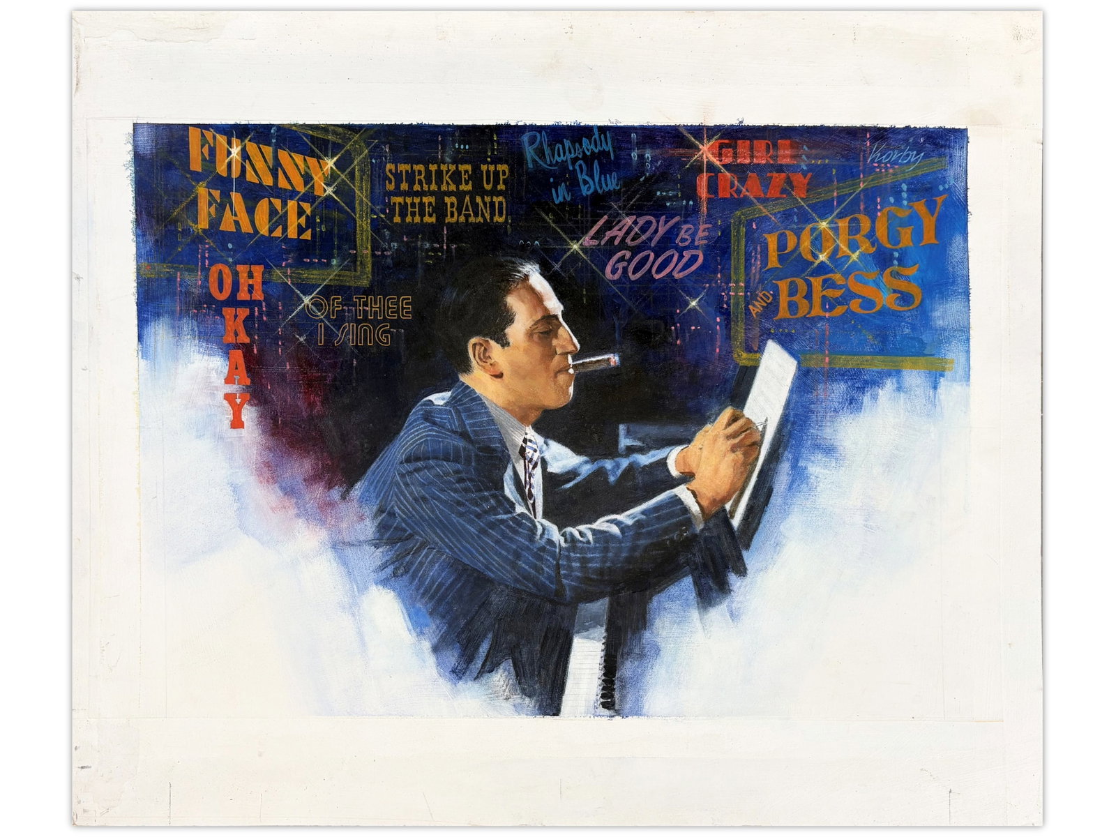 Sol Korby George Gershwin Oil: Oil on gesso board by Sol Korby depicting George Gershwin. Measures approximately 11 x 15 1/2 inches. Created as part of a series of 12 illustrations by Korby for Bank Leumi's 5748 (1987/1988)