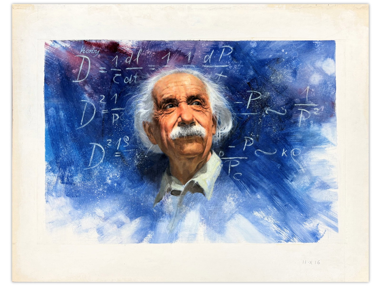 Sol Korby Albert Einstein Oil: Oil on gesso board by Sol Korby depicting Albert Einstein. Measures approximately 10 7/8 x 16 7/8 inches. Created as part of a series of 12 illustrations by Korby for Bank Leumi's 5748 (1987/1988)