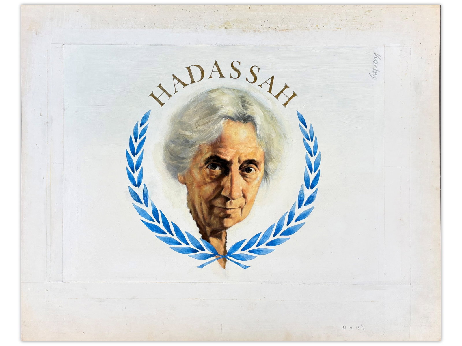 Sol Korby Henrietta Szold Oil: Oil on gesso board by Sol Korby depicting Henrietta Szold. Measures approximately 11 x 15 1/8 inches. Created as part of a series of 12 illustrations by Korby for Bank Leumi's 5748 (1987/1988)
