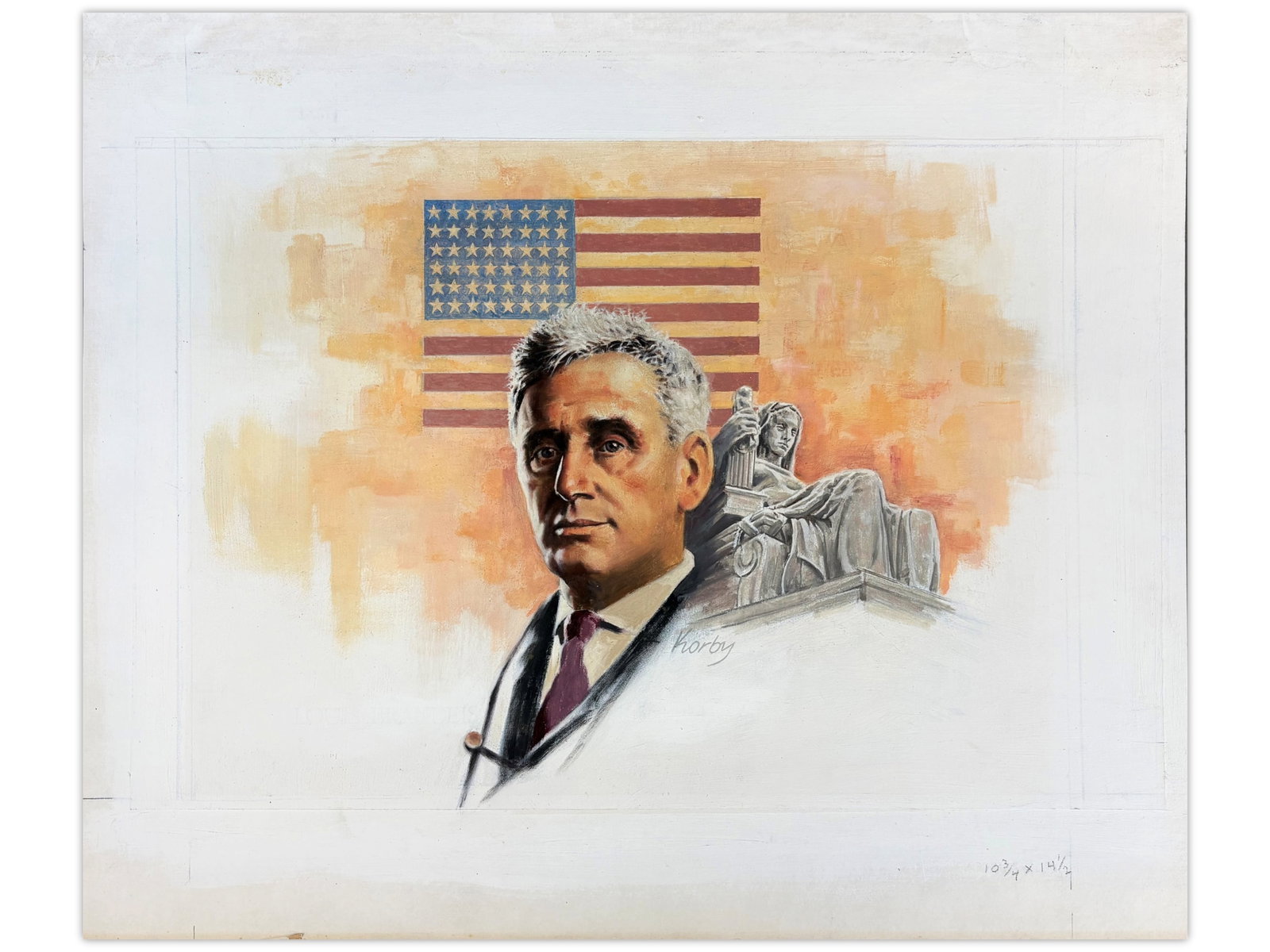Sol Korby Louis Brandeis Oil: Oil on gesso board by Sol Korby depicting Louis Brandeis. Measures approximately 11 x 14 1/2 inches. Created as part of a series of 12 illustrations by Korby for Bank Leumi's 5748 (1987/1988)