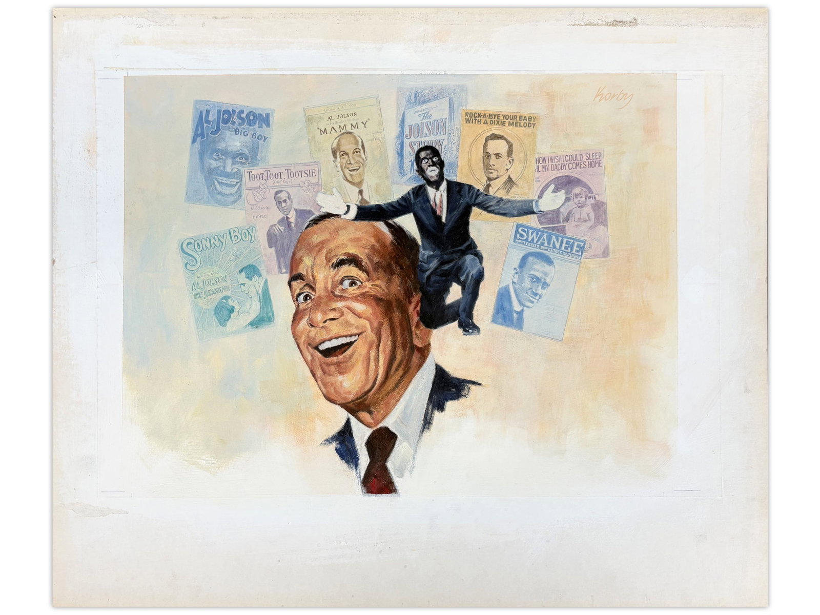 Sol Korby Al Jolson Oil: Oil on gesso board by Sol Korby depicting Al Jolson. Measures approximately 11 x 15 inches. Created as part of a series of 12 illustrations by Korby for Bank Leumi's 5748 (1987/1988) calendar, with