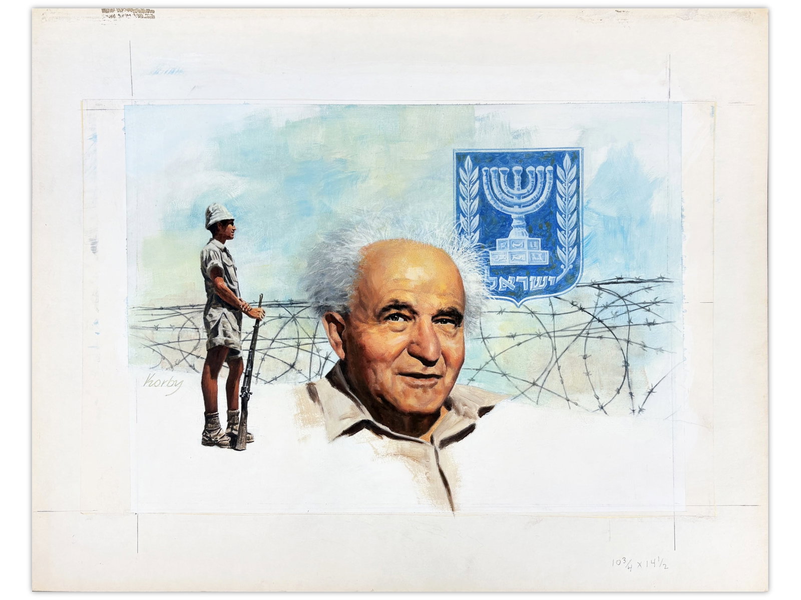 Sol Korby David Ben-Gurion Oil: Oil on gesso board by Sol Korby depicting David Ben-Gurion. Measures approximately 11 x 15 inches. Created as part of a series of 12 illustrations by Korby for Bank Leumi's 5748 (1987/1988) calendar,