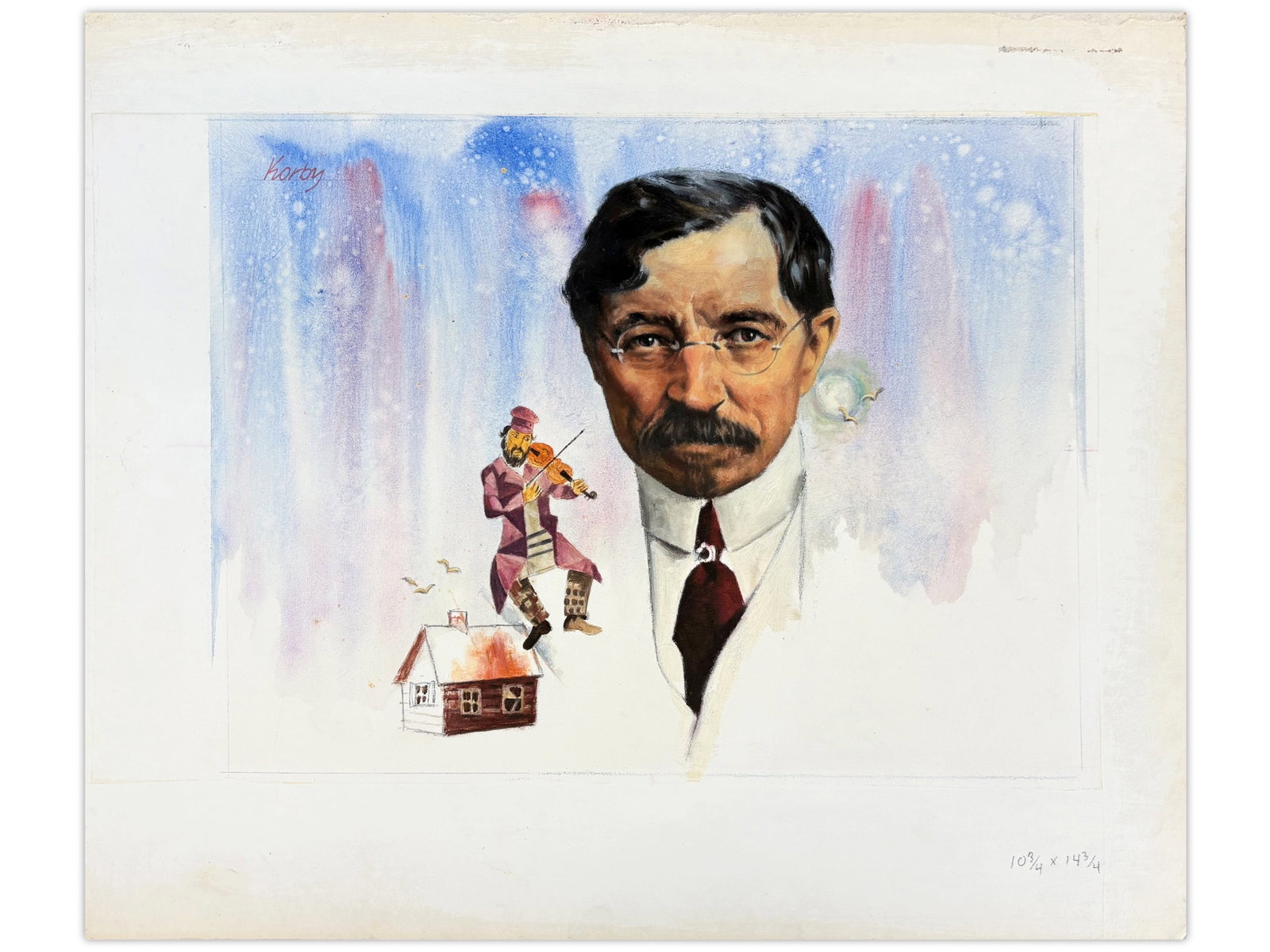 Sol Korby Shalom Aleichem Oil: Oil on gesso board by Sol Korby depicting Shalom Aleichem. Measures approximately 10 7/8 x 14 3/4 inches. Created as part of a series of 12 illustrations by Korby for Bank Leumi's 5748 (1987/1988)
