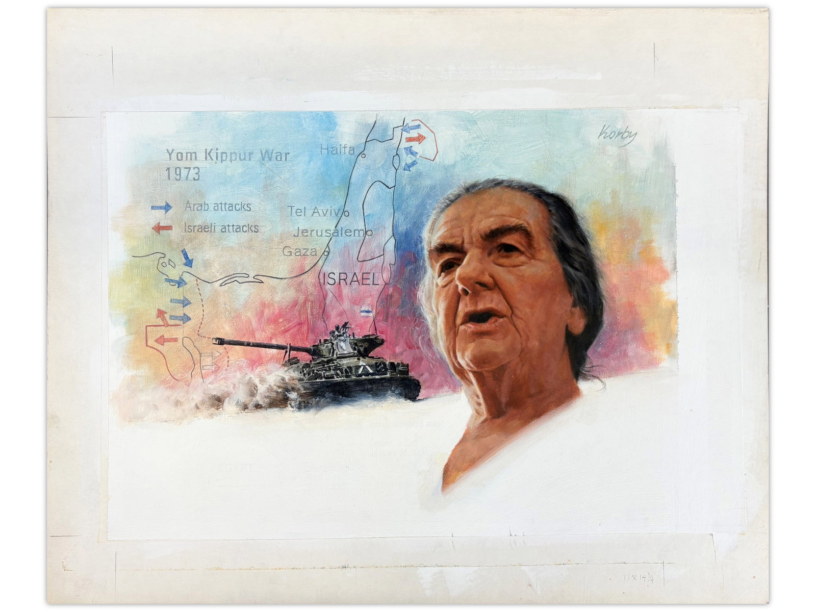 Sol Korby Golda Meir Oil: Oil on gesso board by Sol Korby depicting Golda Meir. Measures approximately 11 x 15 inches. Created as part of a series of 12 illustrations by Korby for Bank Leumi's 5748 (1987/1988) calendar, with