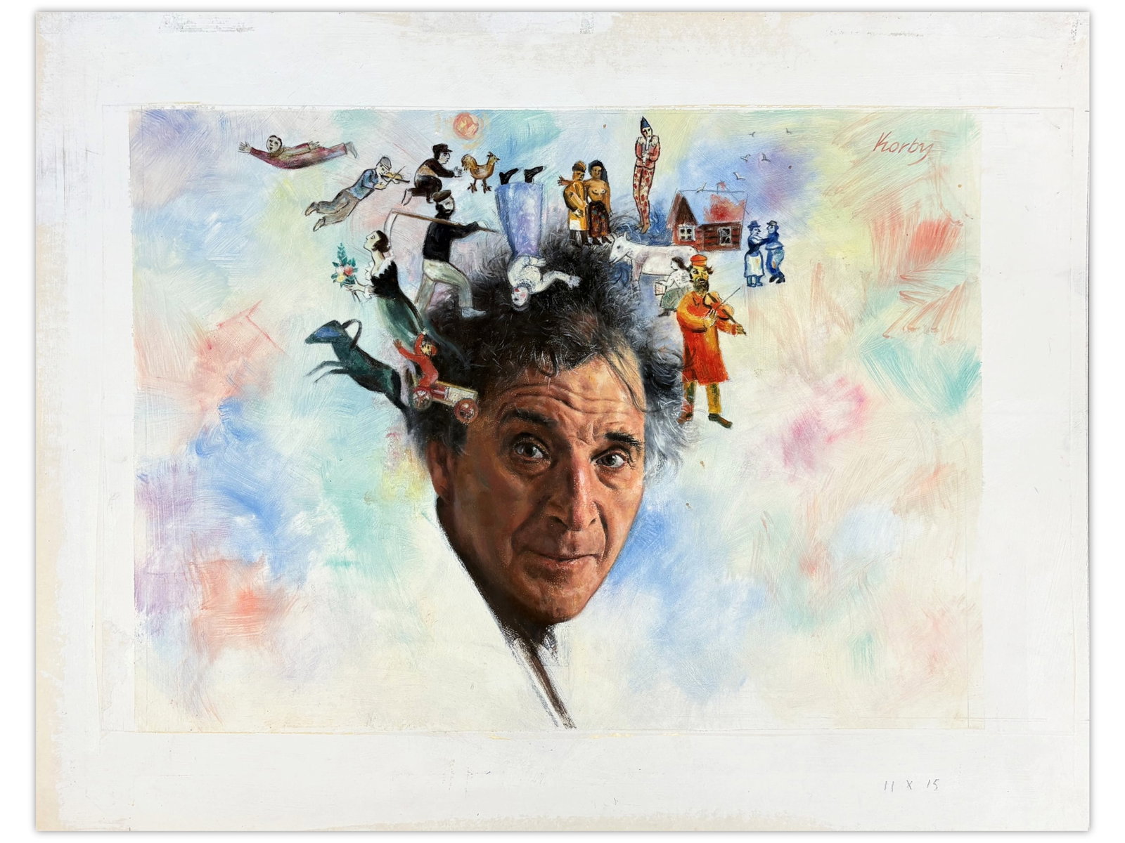 Sol Korby Marc Chagall Oil: Oil on gesso board by Sol Korby depicting Marc Chagall. Measures approximately 11 x 15 inches. Created as part of a series of 12 illustrations by Korby for Bank Leumi's 5748 (1987/1988) calendar,