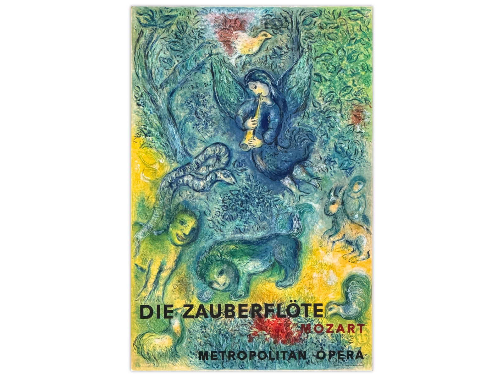 Chagall, Die Zauberflote, Magic Flute Poster, 1966: "Die Zauberflote, The Magic Flute" Poster, 1966 by Marc Chagall (French, 1887-1985). Printed in France by Mourlot. Poster is laid down on board. Upper left corner has tiny piece of paper loss.